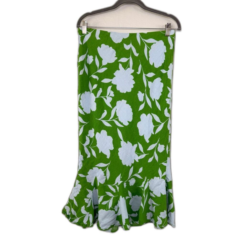 Kate Spade Target Linen Blend Fit & Flare Midi Skirt Green Floral Tulip Hem M